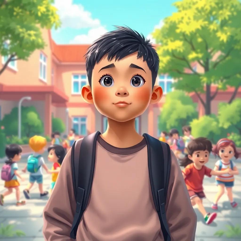 سلطان, a young boy with short black hair, wearing a backpack, standing in front of a school surrounded by other kids playing, digital illustration, bright and colorful, lively playground, captivating perspective, high quality