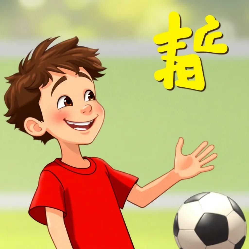 A boy named علي, with curly brown hair, wearing a red t-shirt, smiling at سلطان and inviting him to play football, digital art, dynamic action, happy expressions, vibrant colors, engaging composition, high quality