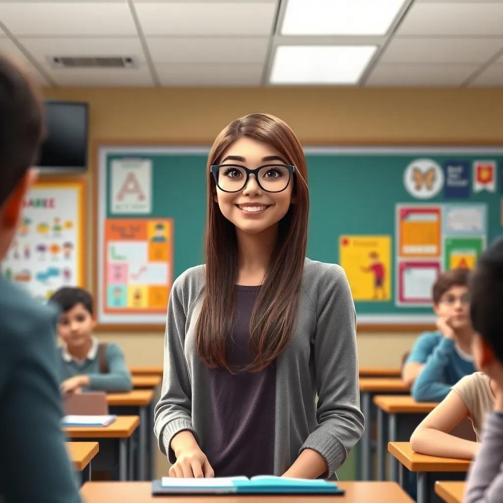 A classroom scene with المعلمة رحاب, a woman in her thirties with long brown hair wearing glasses, welcoming students warmly, colorful educational posters in the background, digital art, inviting classroom atmosphere, detailed perspective, high quality