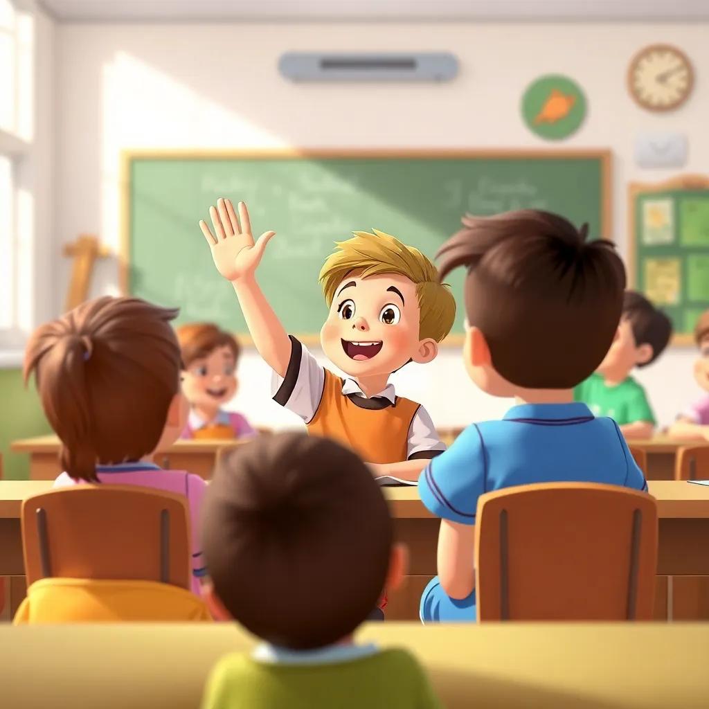 A playful scene with children in the classroom answering questions, highlighting سلطان raising his hand excitedly during the animal question, digital illustration, vibrant classroom, engaging atmosphere, colorful, high quality