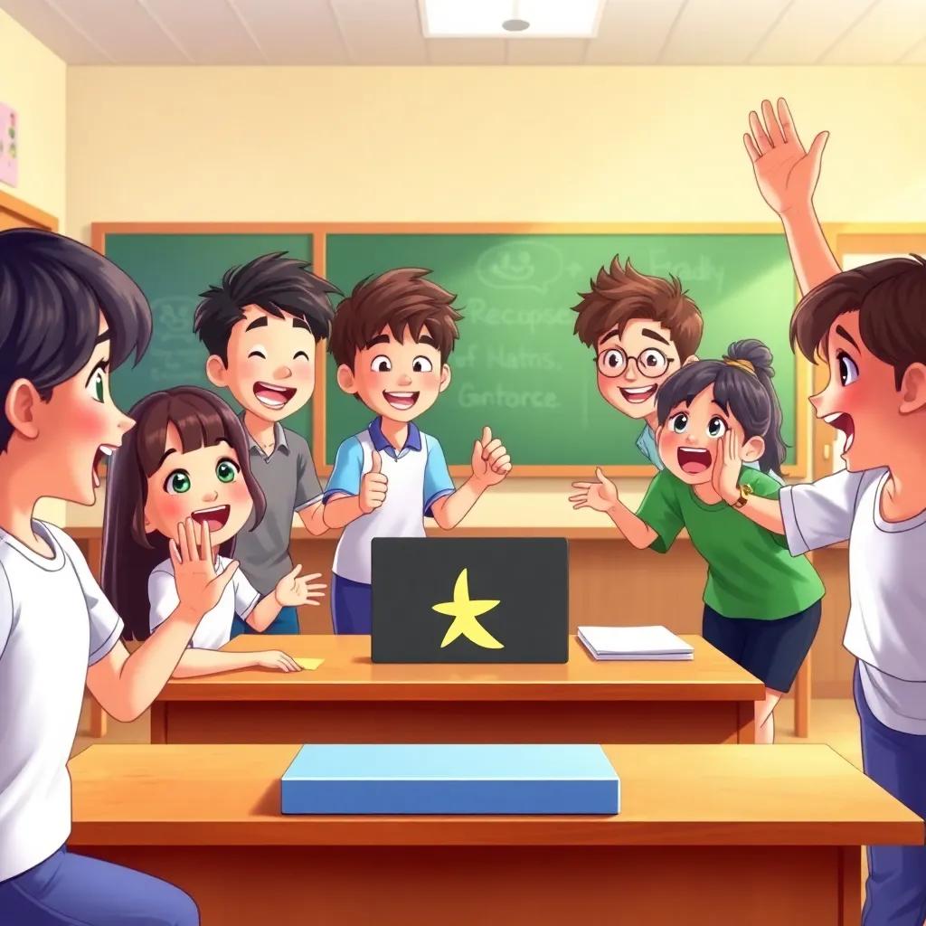 A friendly competition scene in the classroom, featuring excited students participating, with سلطان encouraging them from the front, digital art, lively colors, happy atmosphere, detailed character design, high quality
