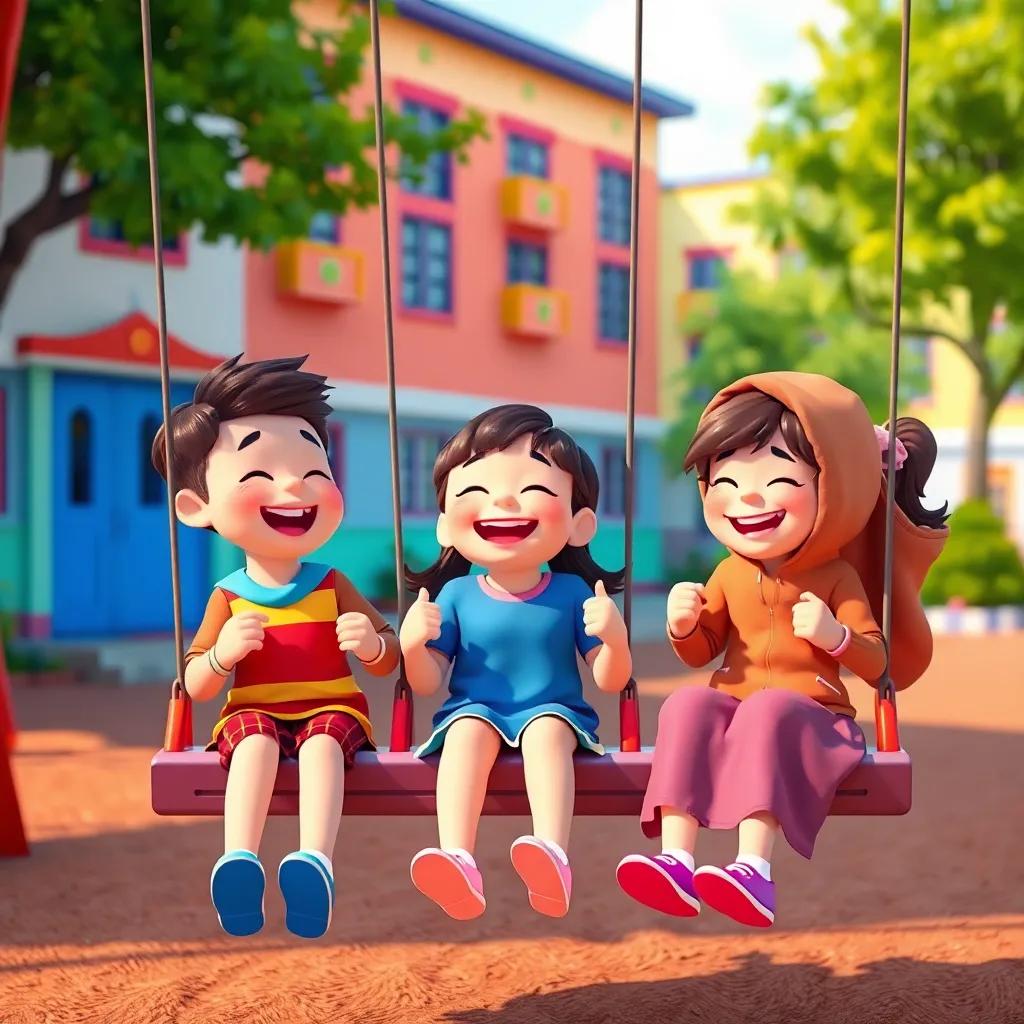 A cheerful playground scene with سلطان, علي, and فاطمة laughing on swings together, colorful school building in the background, digital art, bright colors, fun ambiance, high quality