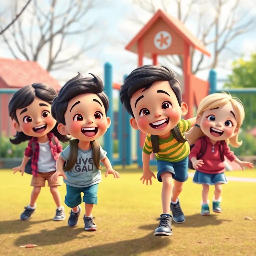 A young group of friends enjoying a fun and lively playtime on the playground, featuring سلطان playing with his new friends after school, digital illustration, joyful expressions, vibrant colors, engaging perspective, high quality