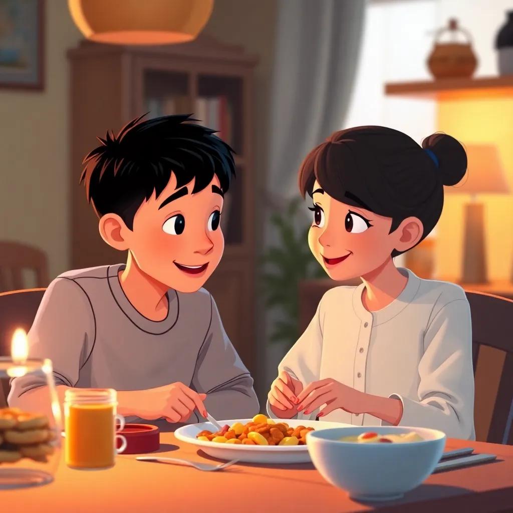 سلطان, a young boy with short black hair wearing a white shirt, sharing his exciting school day story with his mom during dinner, warm home scene, digital art, cozy lighting, heartwarming colors, high quality