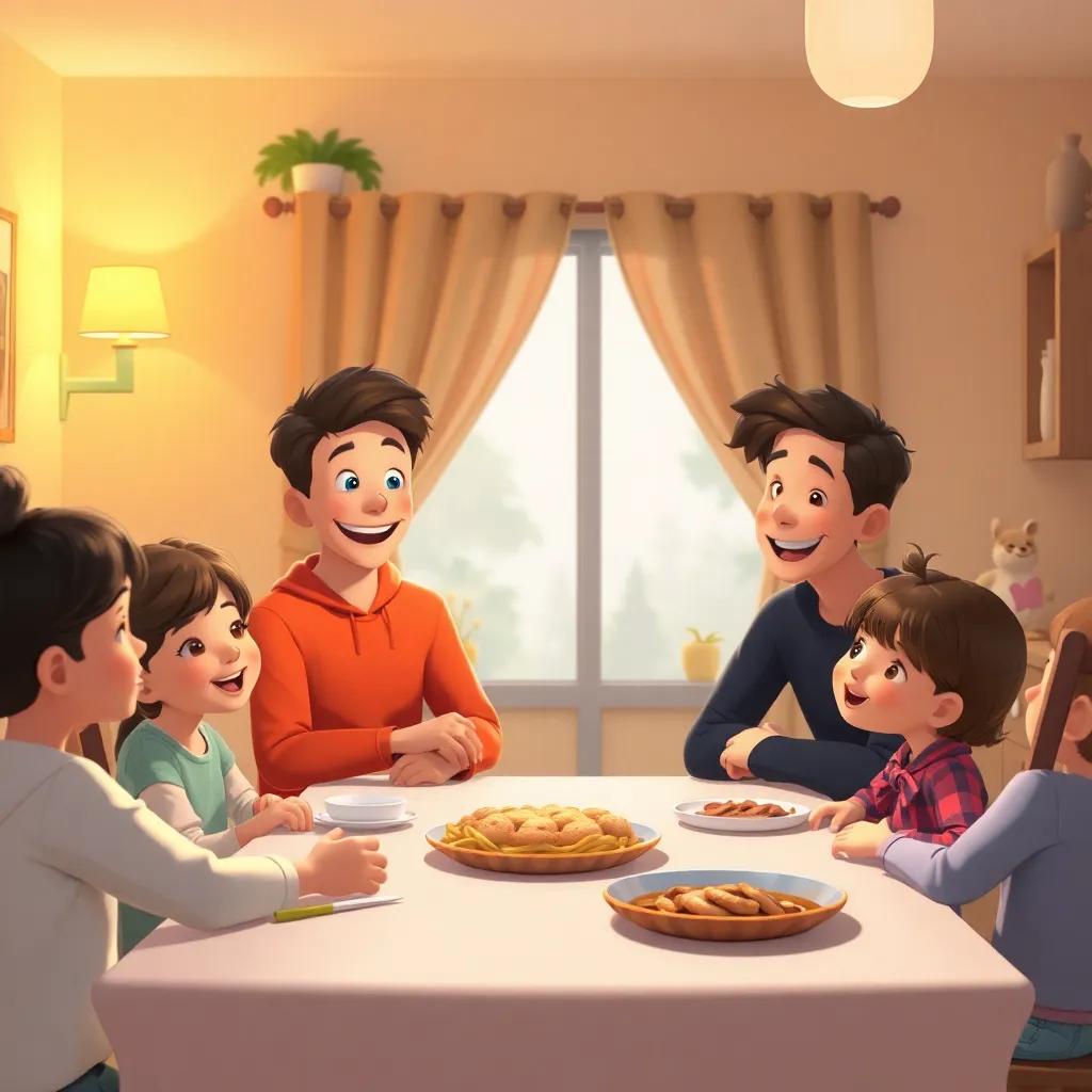 A cozy and warm home scene with سلطان, sitting at the dinner table with his family, smiling as he tells them about school, digital art, soft colors, comforting atmosphere, high quality