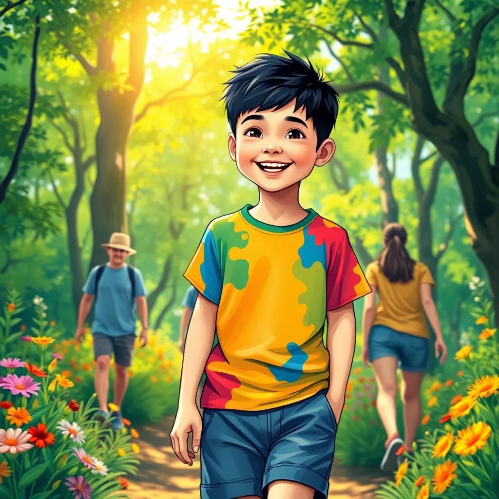 A cheerful boy, سلطان, with short black hair, wearing a colorful t-shirt and shorts, walking in a sunny green forest with friends, surrounded by flowers and trees, digital art, bright colors, warm light, cheerful atmosphere, high quality