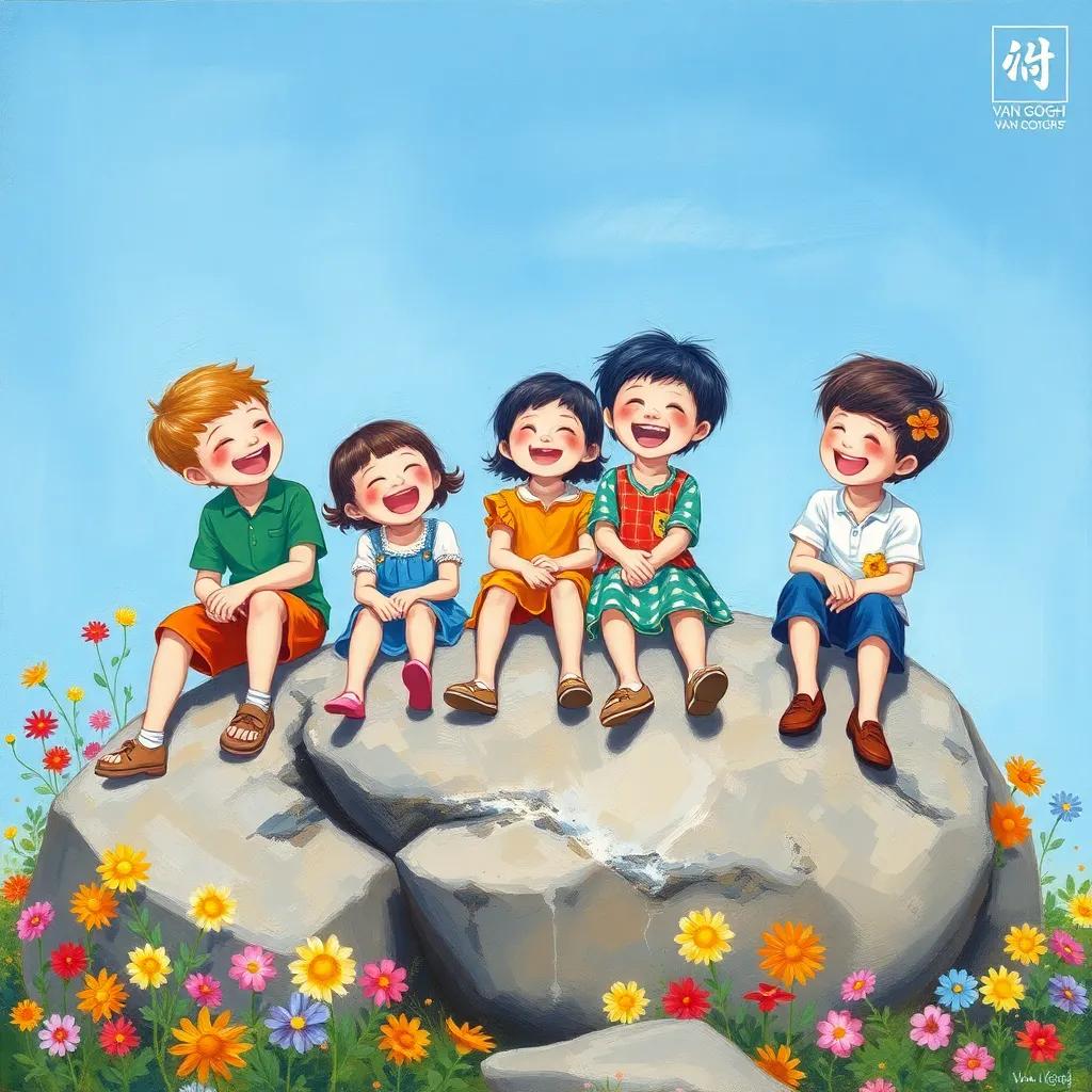 A lively group of children, including سلطان, sitting on a big rock, laughing and having fun, with colorful flowers around them and a bright blue sky, illustration, child-friendly, colorful, joyful scene