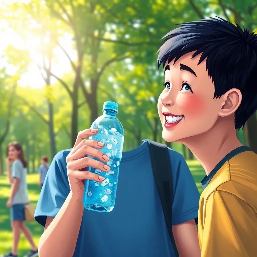 سلطان, a cheerful boy with short black hair, holding a water bottle filled with ice while smiling at his friends, in a lush green park, bright sunlight filtering through trees, playful vibe, digital painting, vibrant colors, inviting atmosphere