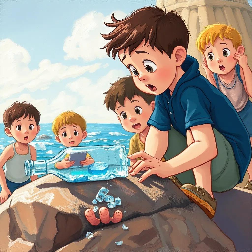 سلطان, looking surprised, discovering the empty ice bottle on the rock, with his friends looking curious around him, in a sunny environment, illustration, detailed, child-friendly, engaging scene