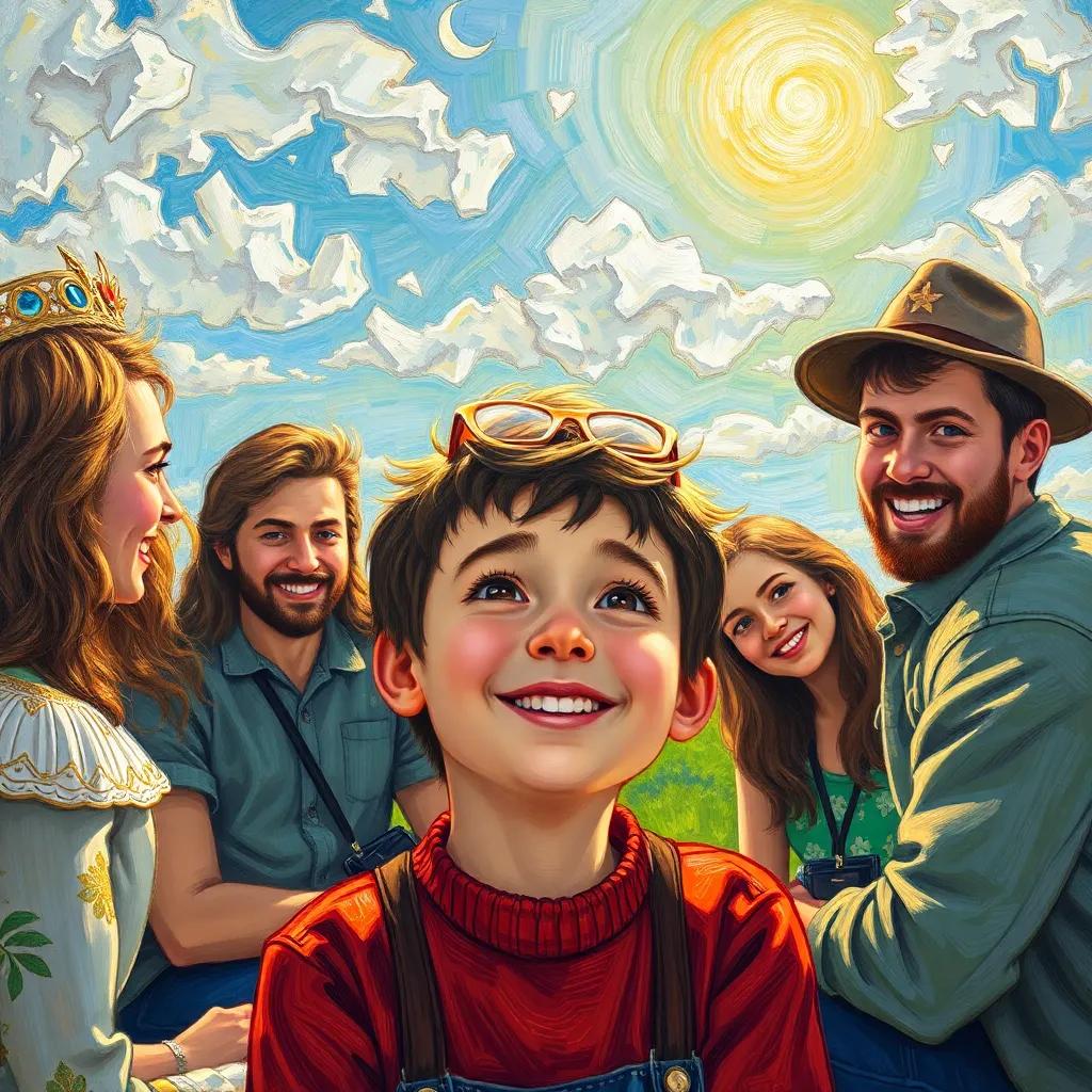 سلطان, a happy boy, pondering with a thoughtful expression under the sun, surrounded by his friends who are discussing what happened to the ice, in a beautiful outdoor setting, colorful, warm hues, joyful mood, artistic detail