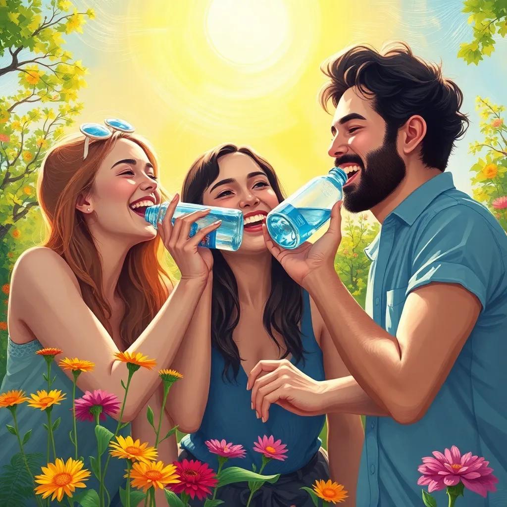 A joyful scene where سلطان is drinking water from the bottle with friends laughing, a sunny background with flowers and trees, illustrating happiness and friendship, digital art, bright and lively, heartwarming scene