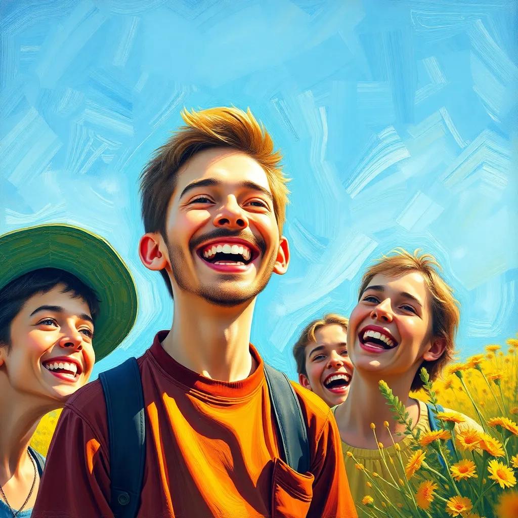 سلطان, a happy boy with a beaming smile, sharing a laugh with friends, showing joy with nature around, under a blue sky, colorful, warm light, positive atmosphere, high quality