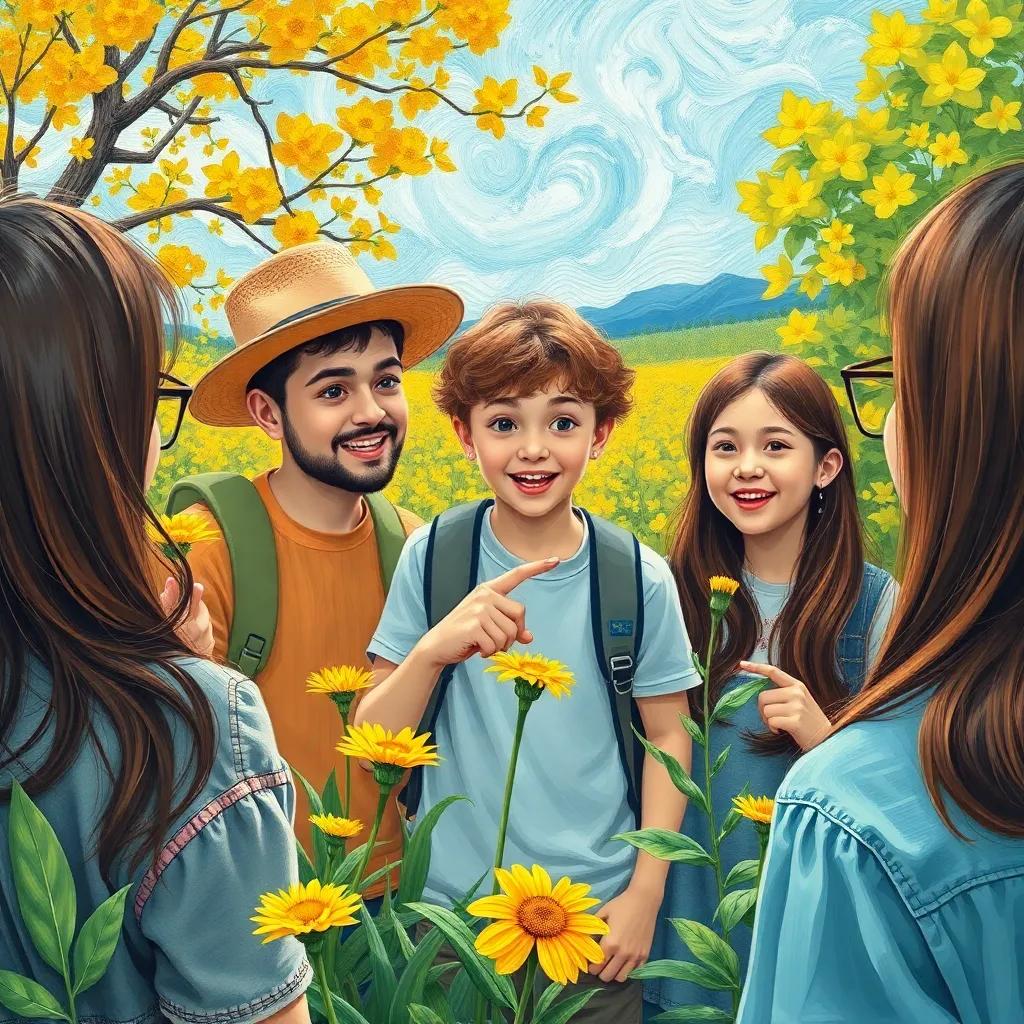 سلطان, exploring nature, looking eager while pointing at a flower, surrounded by friends who are admiring the scenery, in a vibrant outdoor setting, cheerful illustration, engaging colors