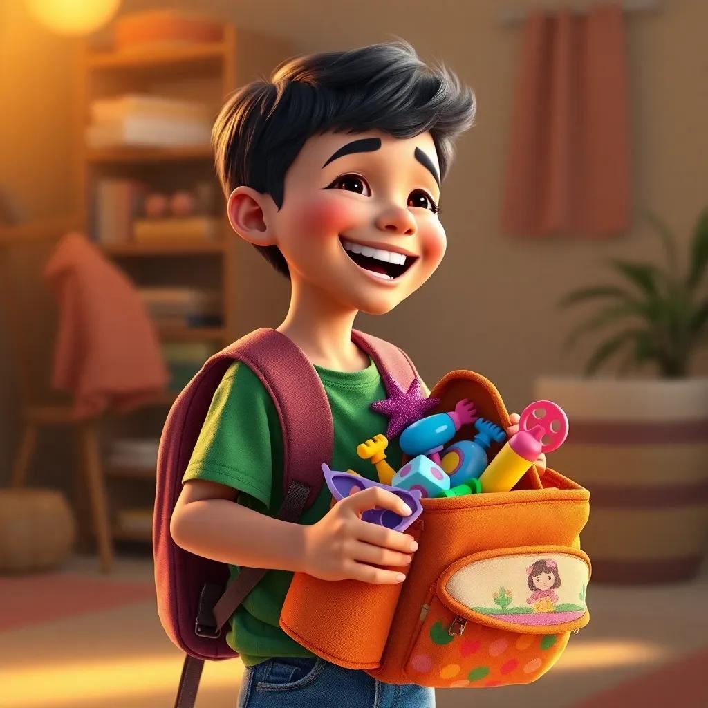 A young Arab boy, سلطان, with short dark hair, wearing a green t-shirt and jeans, laughing joyfully while packing toys in a colorful backpack, warm light, cheerful atmosphere, child-friendly, high quality