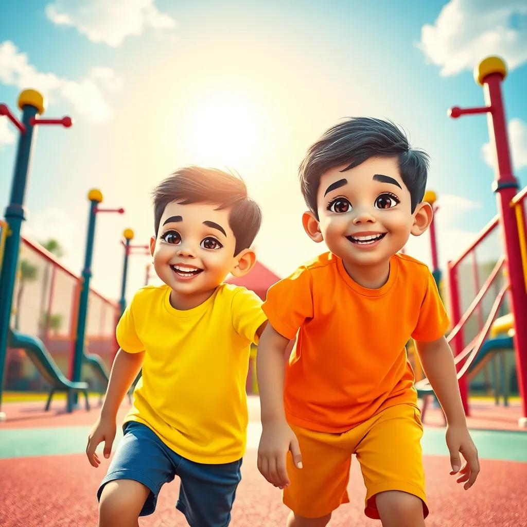Two young Arab boys, سلطان and مطر, with short dark hair, wearing bright t-shirts and shorts, playing together on a playground with colorful equipment under a sunny sky, vibrant colors, joyful expressions, playful perspective, child-friendly, high quality