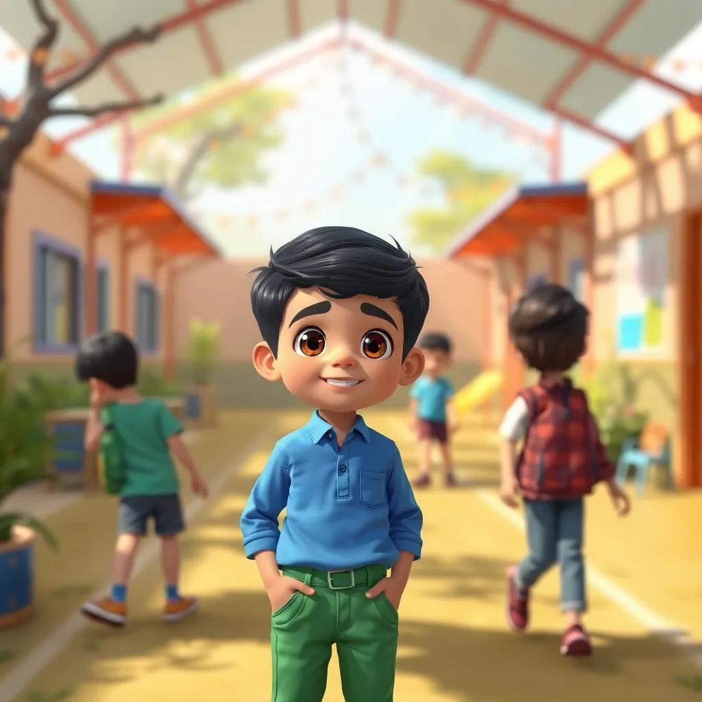 A young Arab boy, Salman, with short black hair, wearing a blue shirt and green pants, standing in a school playground with his friends playing, vibrant colors, cheerful atmosphere, child's perspective, lively