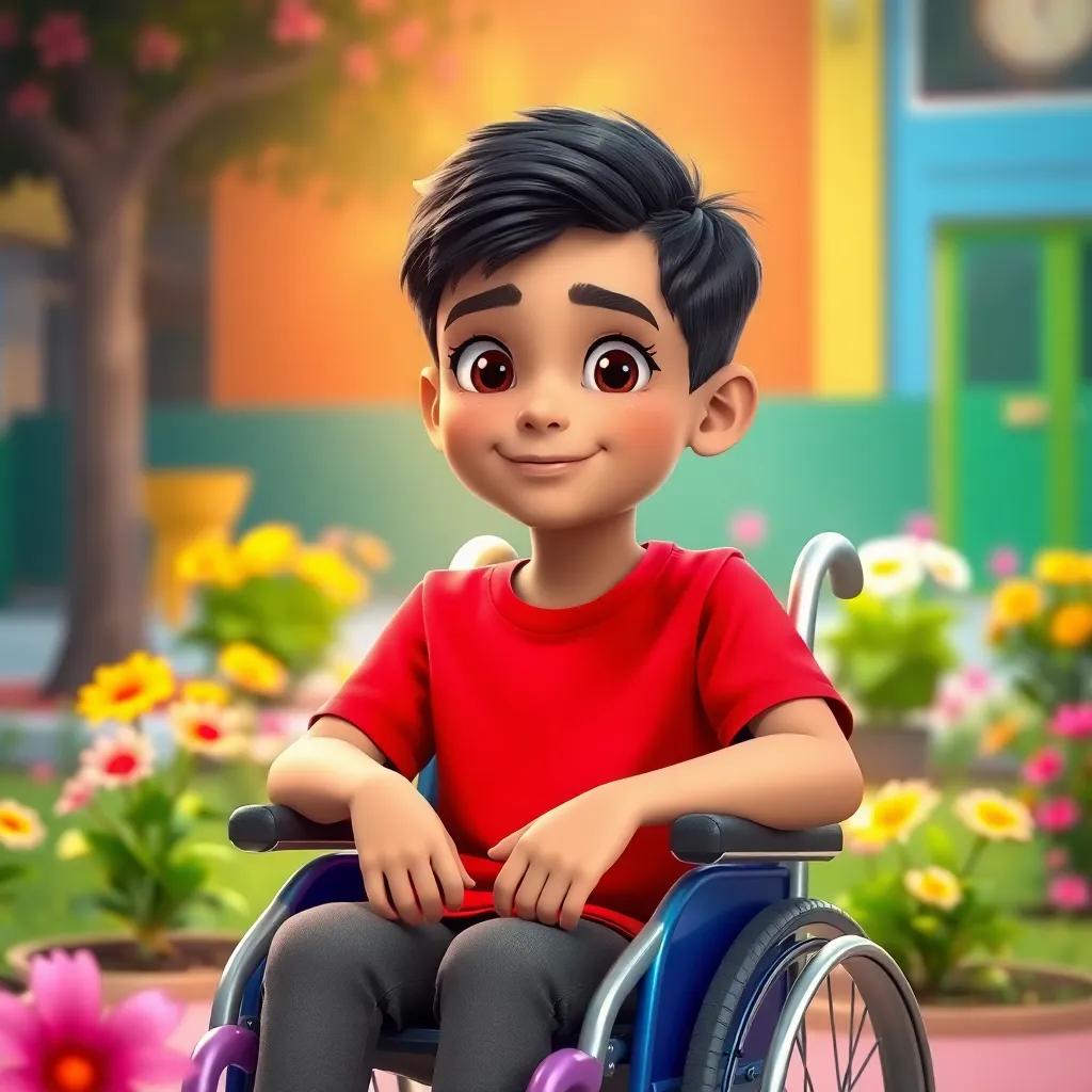 A young Arab boy, Yasir, with short black hair, wearing a red t-shirt, sitting in a colorful wheelchair in a school playground, surrounded by flowers, uplifting light, friendly vibe, warm colors, inviting scene