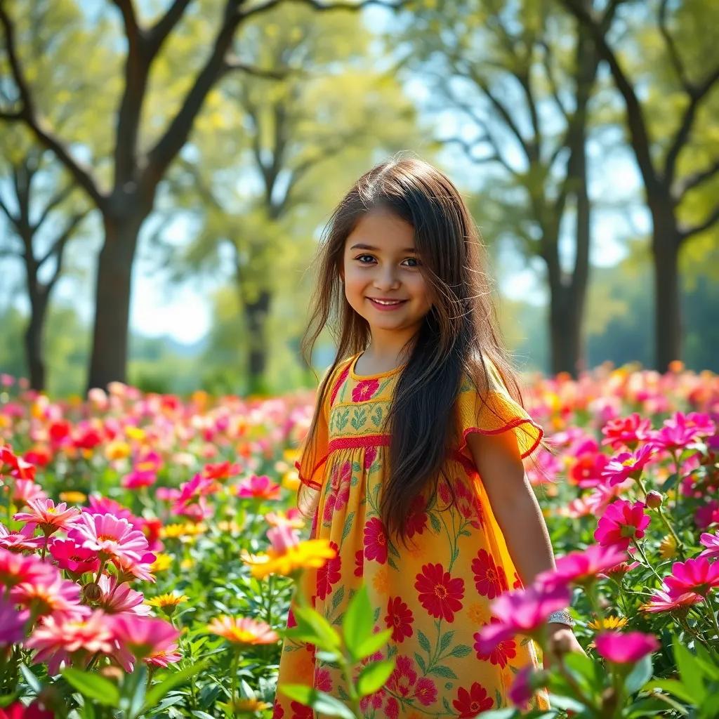 A young Arab girl, Salma Hamad, with long, dark hair, wearing a colorful dress with floral patterns, playing in a big garden filled with flowers and tall trees, cheerfully smiling with her friend, bright sunlight, whimsical, vibrant colors, high quality