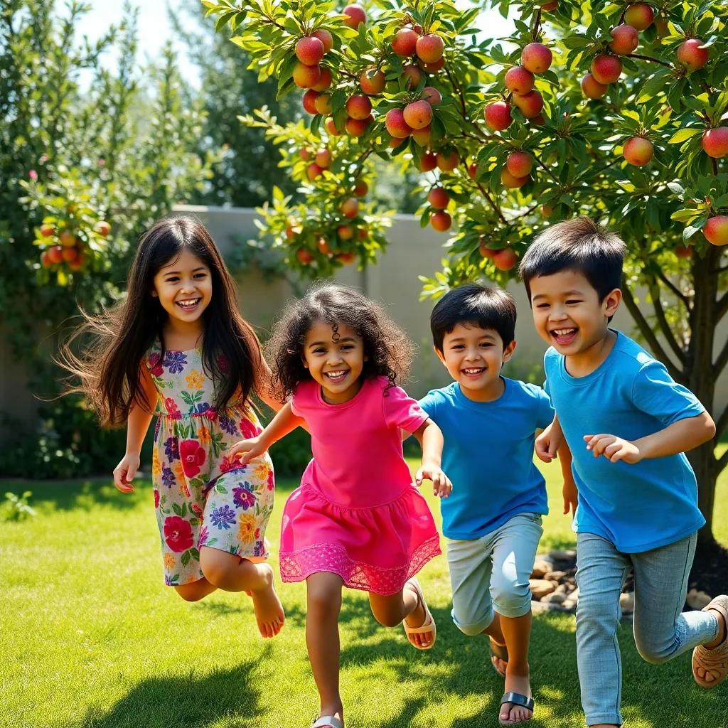 Three young kids: Salma Hamad with long, dark hair in a colorful dress, Rital with curly hair and a bright pink shirt, and Fares with short hair in a blue t-shirt, all playing together in a sunny garden, laughing and running around the apple tree, cheerful and lively atmosphere, high quality