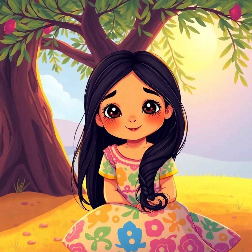 A young Arab girl, Salma, with long, dark hair wearing a colorful dress, sitting under a large olive tree with a bright sun shining down, peaceful expression, children's illustration, vibrant colors, inviting atmosphere, high quality