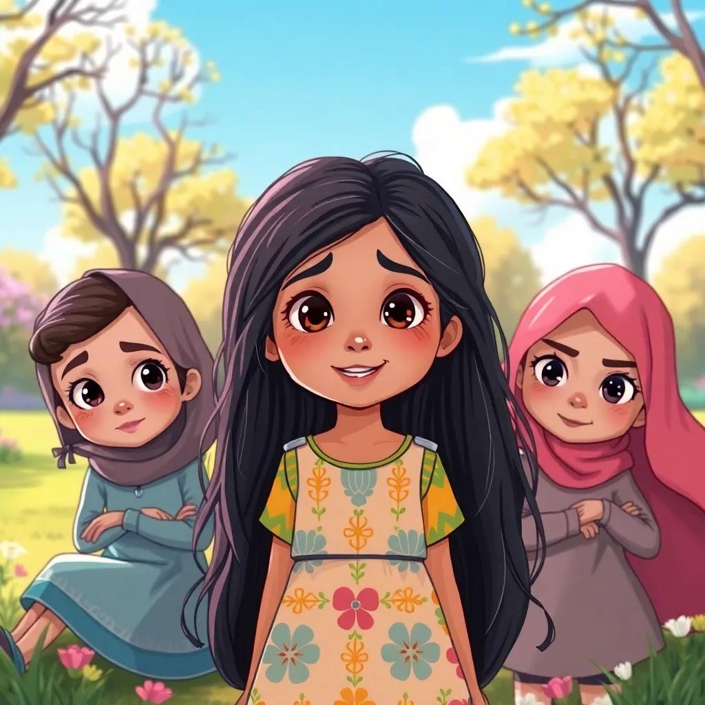 Salma, a young Arab girl with long, dark hair in a colorful dress, surrounded by two friends, Hafsa and Malak, who have mischievous expressions, in a sunny park setting, playful yet slightly ominous atmosphere, detailed illustration, child-friendly, whimsical