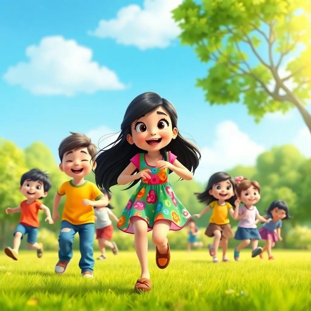 A group of happy children playing in a lush green park, with a bright blue sky above. One girl, Salma, has long black hair and wears a colorful dress, looking excited while running among her friends, digital art, vibrant colors, cheerful atmosphere, high quality