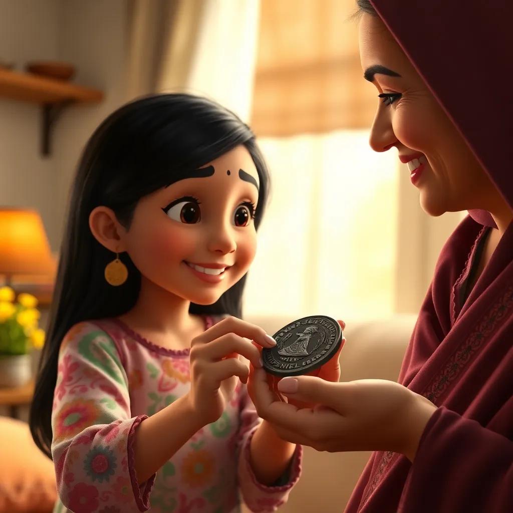 A close-up of Salma showing her mother an ancient coin, in a cozy home environment. Salma, a girl with long black hair in a colorful dress, and her mother, smiling and looking amazed at the coin, warm light, homey feel, heartwarming scene, high quality