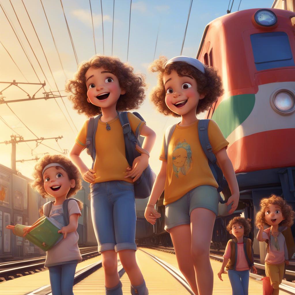 A young girl, سلمى, with curly brown hair and a joyful expression, standing at a train station with her siblings, Rena, يوسف, and أروى, under a bright sunny sky, digital art, colorful, cheerful, child-friendly