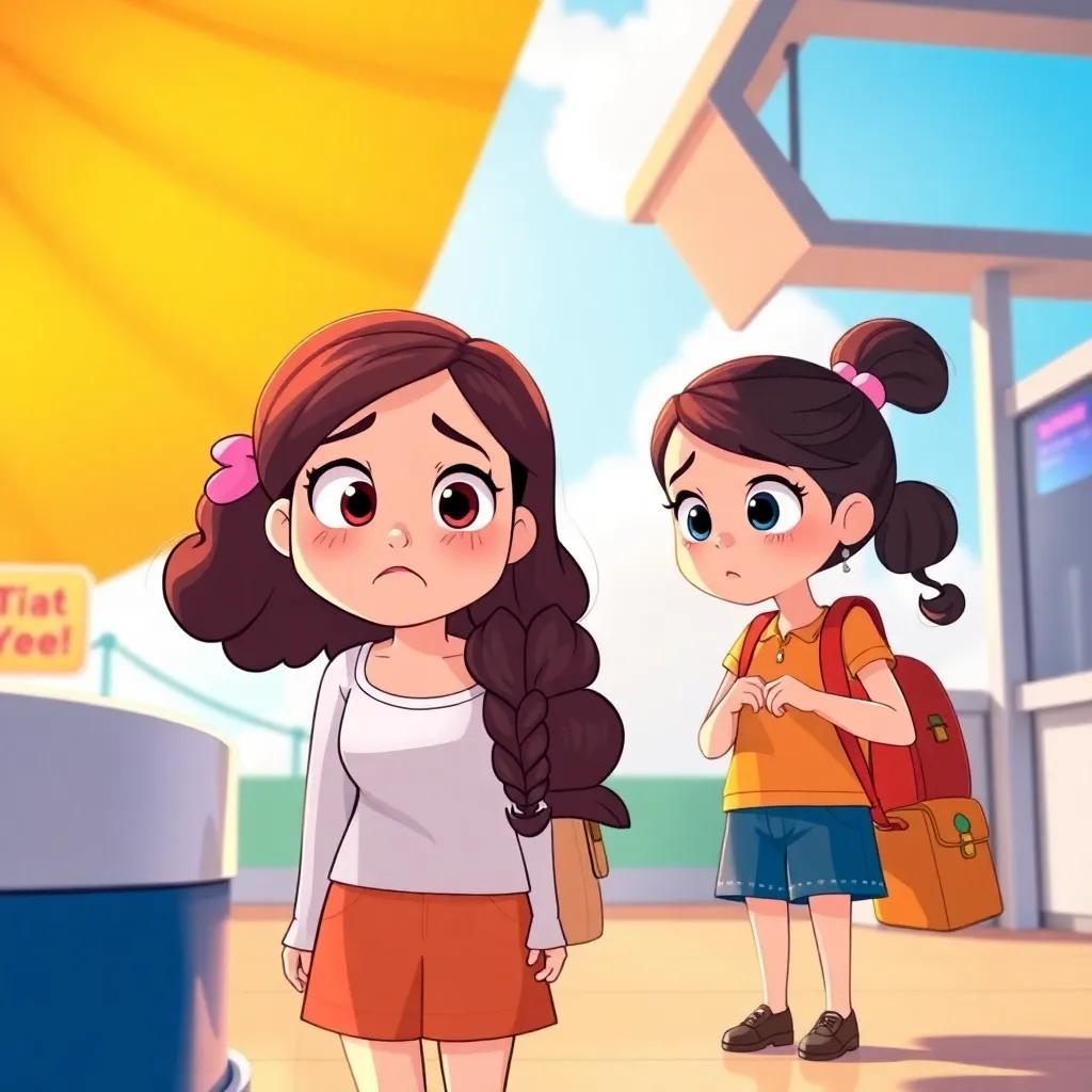 A sunny morning with two girls, Salma and Ola, looking excited, standing at a ticket counter with a sad expression, digital art, bright and cheerful colors, inviting atmosphere, high quality