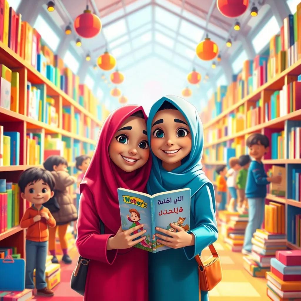 Salma and Ola inside a vibrant book fair, surrounded by colorful bookshelves and other happy children, Salma holding a book titled 'طريق الهدى إلى السما', digital painting, joyful, warm light, bright colors, festive atmosphere, high quality