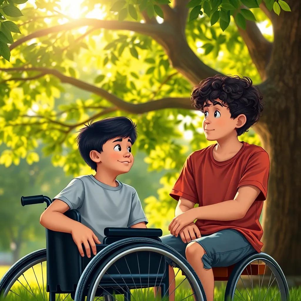 A determined young boy, سلوان, with short black hair and using a wheelchair, sitting under a big green tree, talking to his friend, أحمد, who has curly hair and is wearing a casual t-shirt, warm afternoon light filtering through leaves, digital art, vibrant colors, emotional atmosphere, high quality