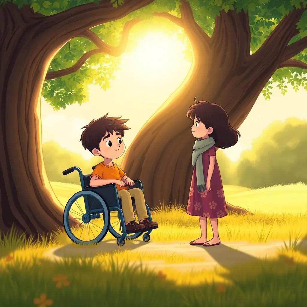 سلوان, a determined young boy in a wheelchair, sharing his feelings about challenges under a big tree, with أحمد, who looks supportive and caring, bright sun illuminating their conversation, illustration, warm colors, heartfelt scene, child-friendly