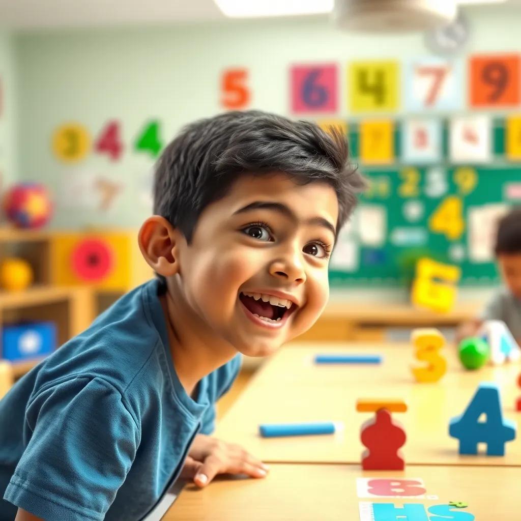 A young boy named Riad, cheerful and enthusiastic, wearing a blue shirt, excitedly interacting with Slooq in a classroom filled with numbers and shapes, bright colors, educational theme, engaging scene