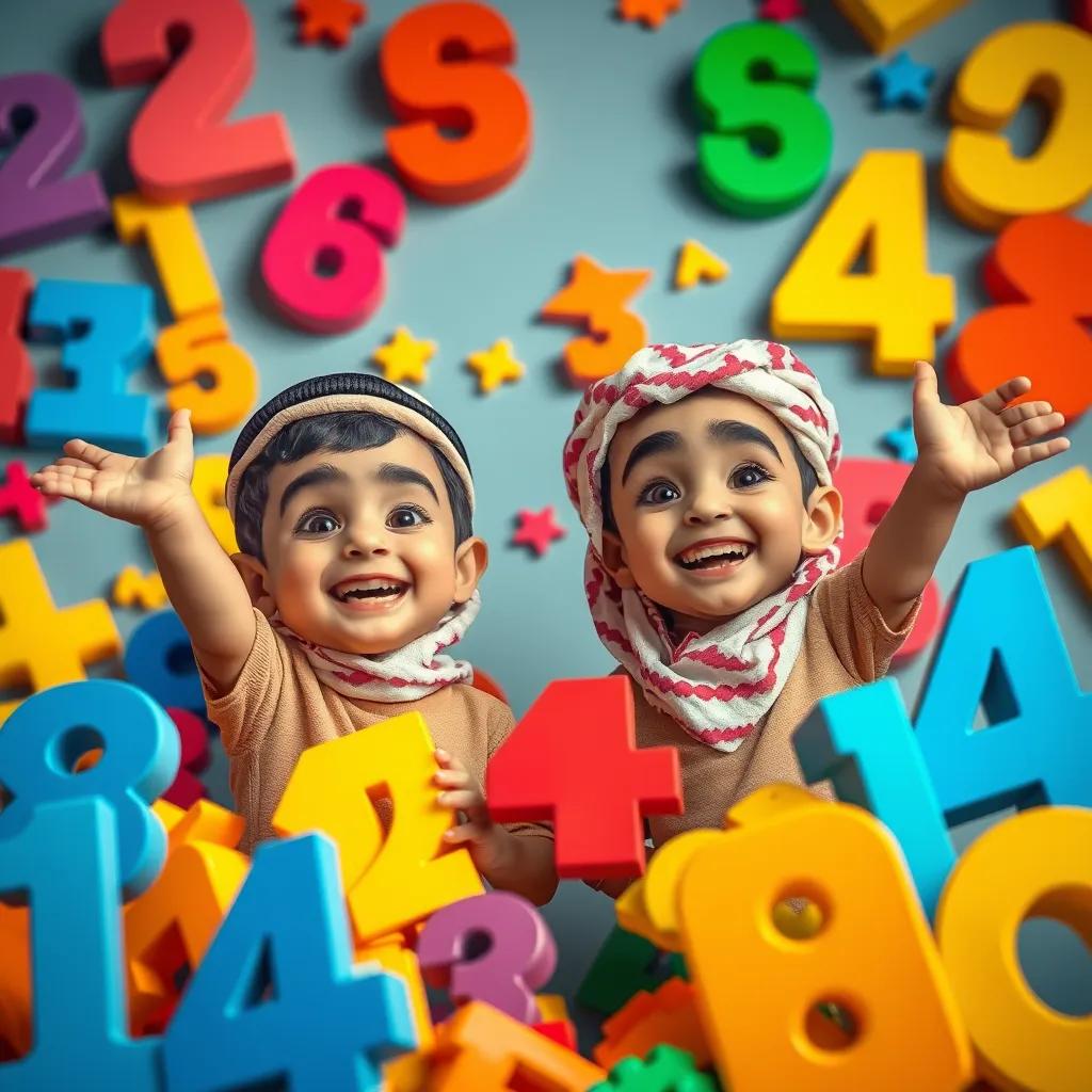 Riad and Slooq happily surrounded by numbers and shapes, celebrating their learning adventure, bright colors and cheerful expressions, festive atmosphere, vibrant and uplifting scene