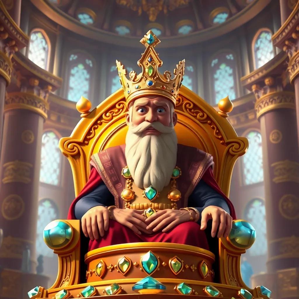 A wise king, Solomon, with a majestic crown, sitting confidently on a golden throne surrounded by shimmering jewels, in a grand palace, digital art, bright colors, regal atmosphere, heroic perspective, high quality