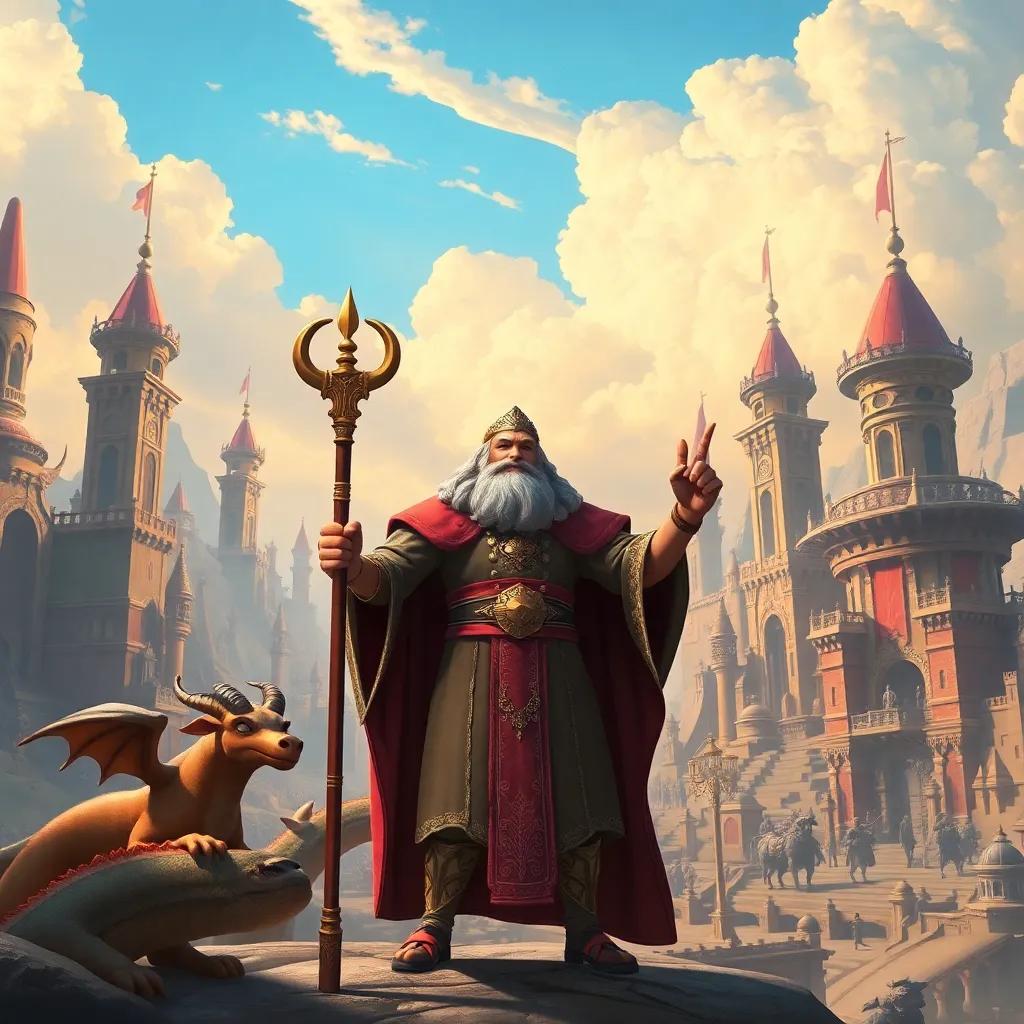 King Solomon, standing proudly in a vast landscape with tall buildings and magical creatures, wielding his staff, confident expression, under a beautiful sky, fantasy, detailed, vibrant, strong light, storytelling view, high quality
