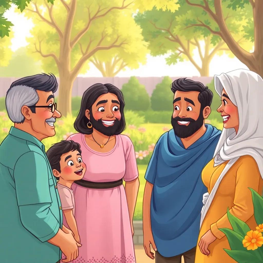 Parents watching Salim and friends, smiling and talking, garden background with green trees, sunny day, happy expressions, warm light, family-friendly, cartoon style