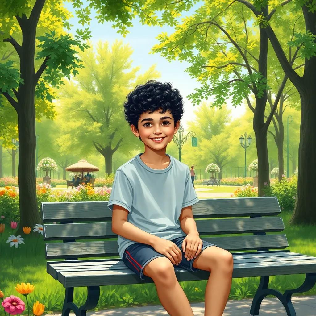 A young Arab boy, Salim, with curly black hair wearing a t-shirt and shorts, sitting on a bench in a lush green park filled with trees and flowers, bright sunny day, cheerful atmosphere, detailed digital art, vibrant colors, inviting scene, high quality