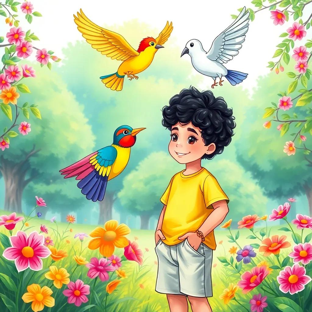 A colorful bird flying down to young Arab boy, Salim, with curly black hair wearing a t-shirt and shorts, in the park, surrounded by happy colors and vibrant flowers, cheerful dialogue with a smile, child-friendly, uplifting illustration, high quality