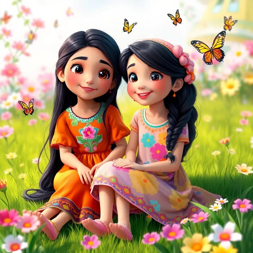 A young Arab girl, Selin, with long black hair wearing a bright colorful dress, sitting on the grass with her friend Fatima, surrounded by flowers and butterflies, playful atmosphere, vivid colors, joyful setting, high quality