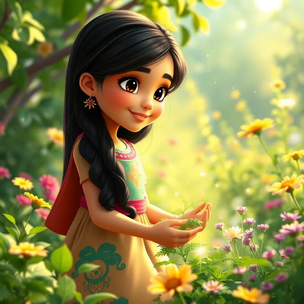 Selin, a young Arab girl with long black hair in a colorful dress, gathering herbs and flowers in a sunny garden, with a magical aura, sparkling lights around her, cheerful mood, child-friendly, vibrant colors, enchanting scene