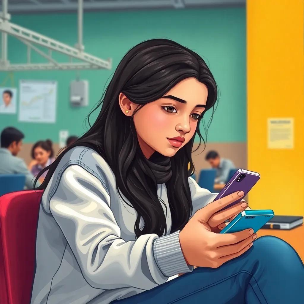 A young Arab girl, سما, with long, dark hair, wearing casual clothes, sitting with determination at a training center, studying mobile phones and tools, illustration, bright colors, cheerful atmosphere, high quality