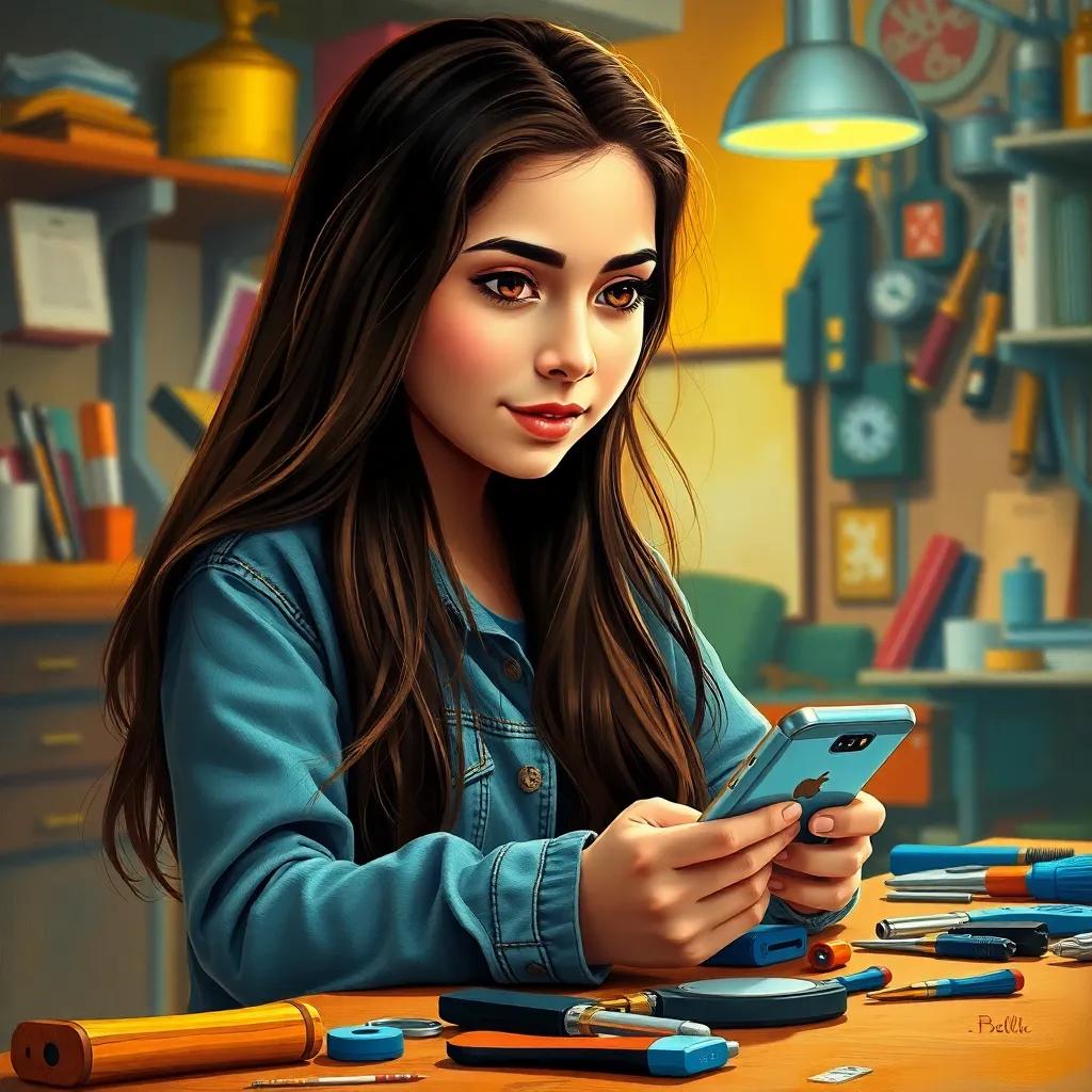 سما, a young Arab girl with long, dark hair, in a casual outfit, eagerly practicing mobile phone repair skills with tools and parts around her, vibrant workshop background, digital art, warm light, engaging scene, high quality