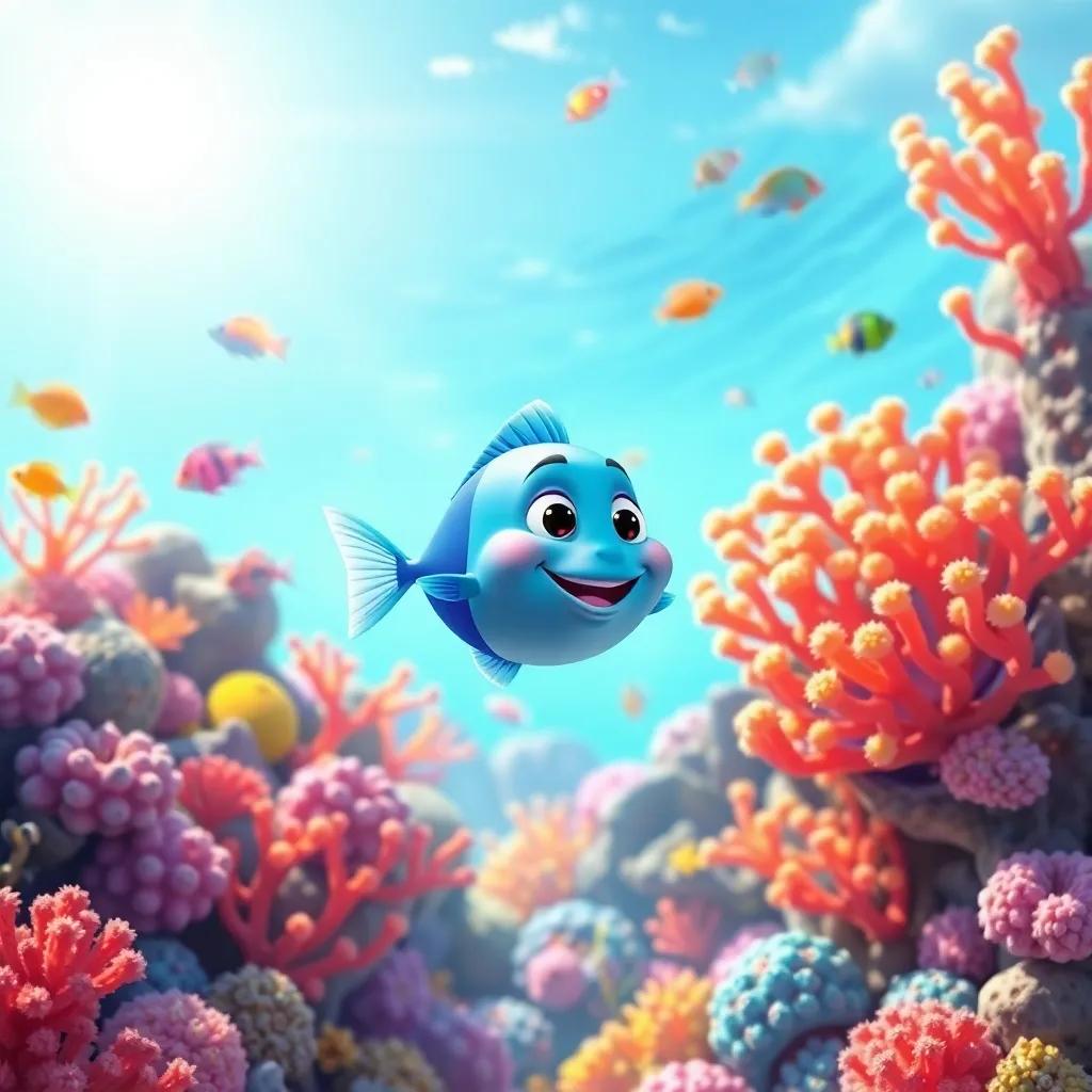 A small fish swimming happily in clear water, surrounded by colorful coral and different types of fish, bright sun, cheerful atmosphere, digital art, vibrant colors, high quality, inviting scene
