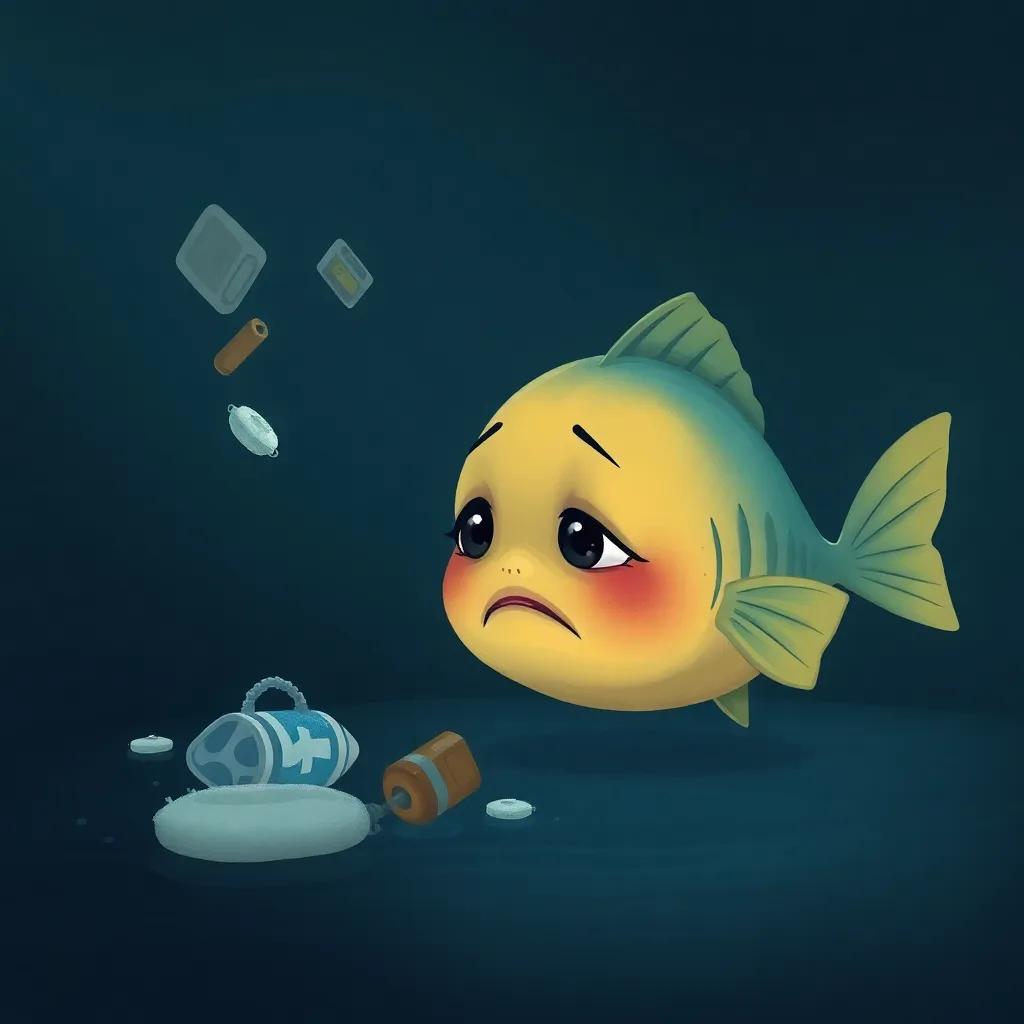 A small fish with a sad expression, looking at garbage floating in the water, dark colors, gloomy feeling, illustration, child-friendly style, emotional scene, detailed