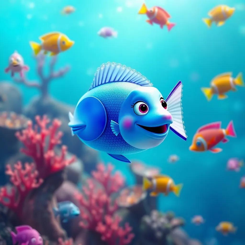 A beautiful fish swimming in the ocean, bright blue color, sparkling fins, surrounded by colorful coral and other happy fish, digital art, vibrant colors, joyful atmosphere, high quality