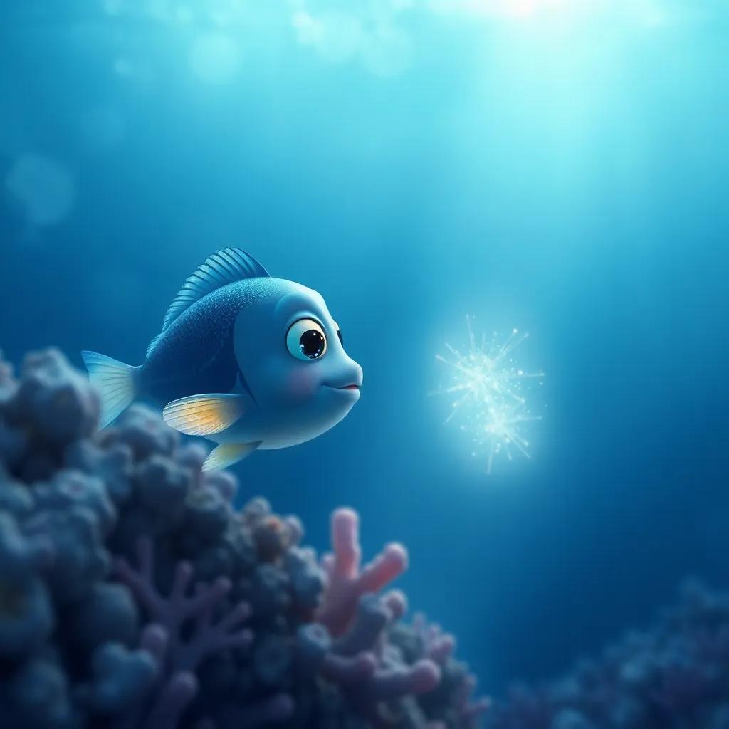 A lonely beautiful fish looking at her shimmering reflection in a coral, feeling sad and isolated, soft blue hues, gentle lighting, touching scene, digital painting