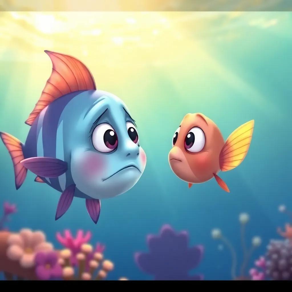 A little sad fish looking up at the beautiful fish, speaking with big hopeful eyes, colorful ocean background, warm sunlight streaming, heartwarming illustration, joyful spirit
