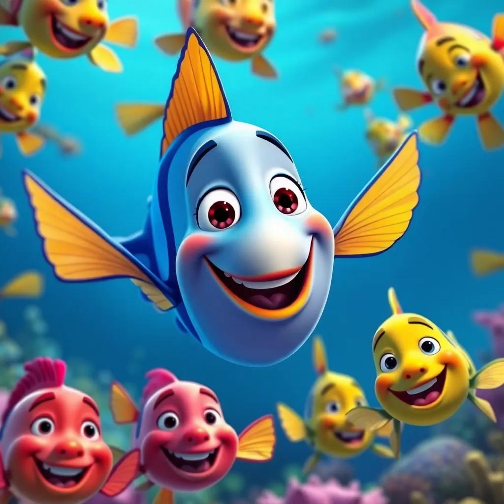 The beautiful fish returning to her playful friends, surrounded by laughter and fun, colorful ocean scene, vibrant smiles on fish faces, cheerful and lively, digital art, high quality