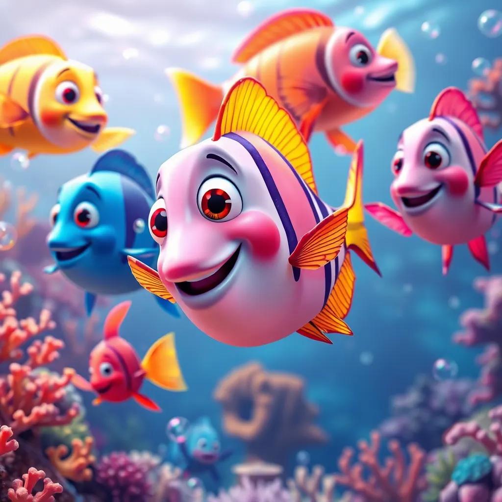 A happy group of colorful fish swimming together, with the beautiful fish smiling among them, underwater scene filled with colorful corals and bubbles, bright and cheerful, uplifting imagery
